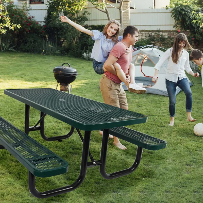6 Ft. Rectangular Outdoor Steel Picnic Table With Umbrella Pole - Green