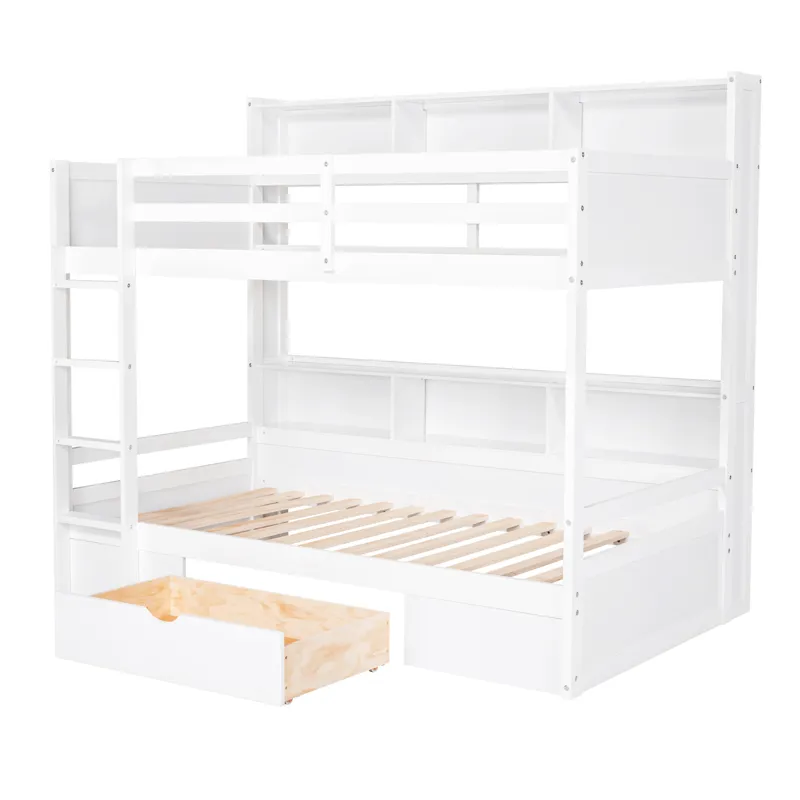 Twin Size Bunk Bed With Built-In Shelves Beside Both Upper And Down Bed And Storage Drawer - White