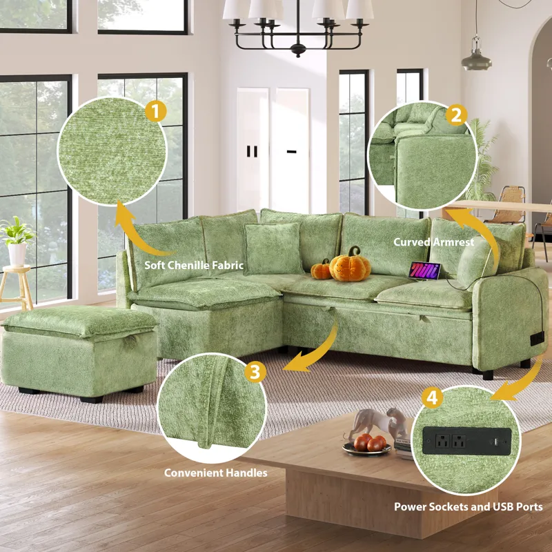 Convertible Sofa Bed Sectional Sofa Sleeper L-Shaped Sofa With A Storage Ottoman, Two Pillows, Two P