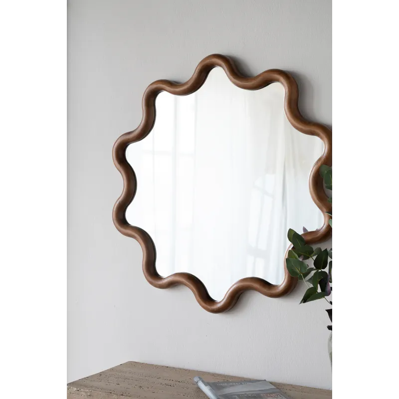 Wooden Accent Mirror With Unique Frame, Wall Mirror For Living Room Bedroom Entryway - Brown