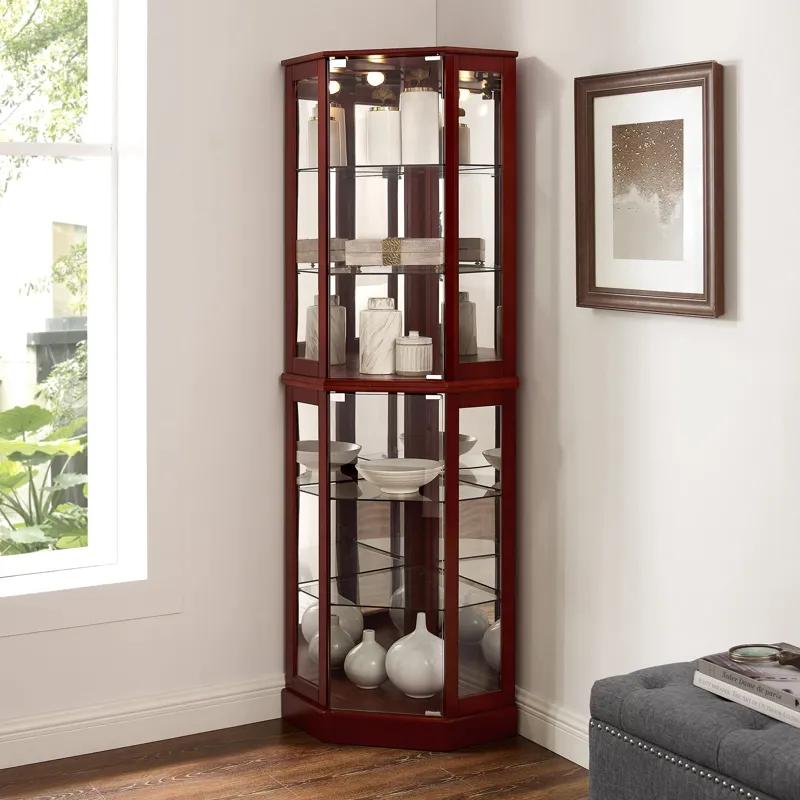 6 Shelf Corner Curio Display Cabinet With Lights, Mirrors And Adjustable Shelves (E26 Light Bulb Not