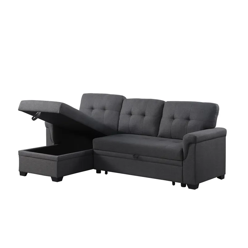 Lucca - Linen Reversible Sleeper Sectional Sofa With Storage Chaise - Dark Gray