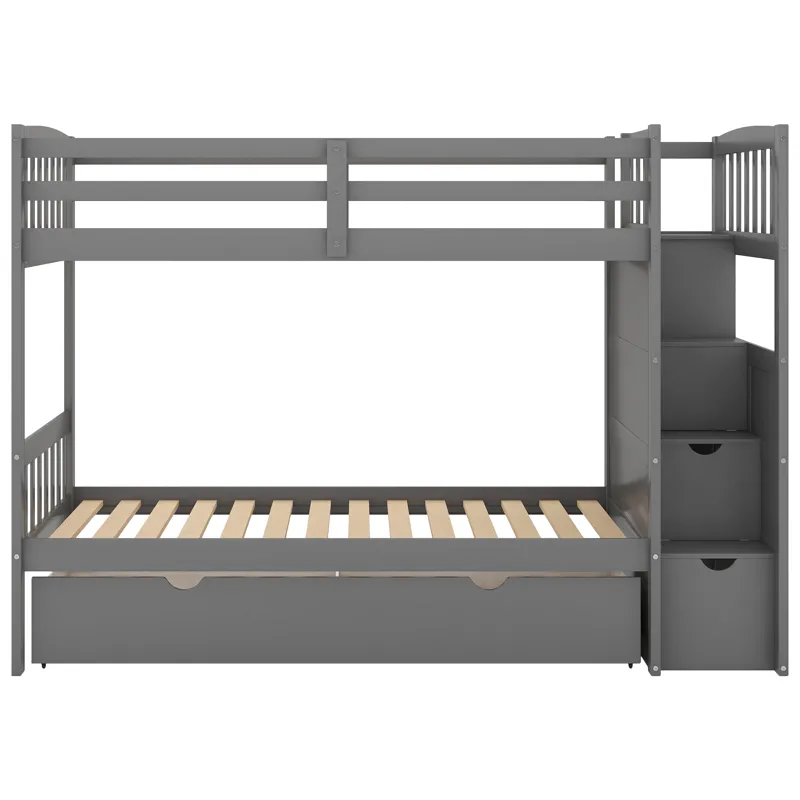 Twin Over Full / Twin Bunk Bed, Convertible Bottom Bed, Storage Shelves And Drawers - Gray