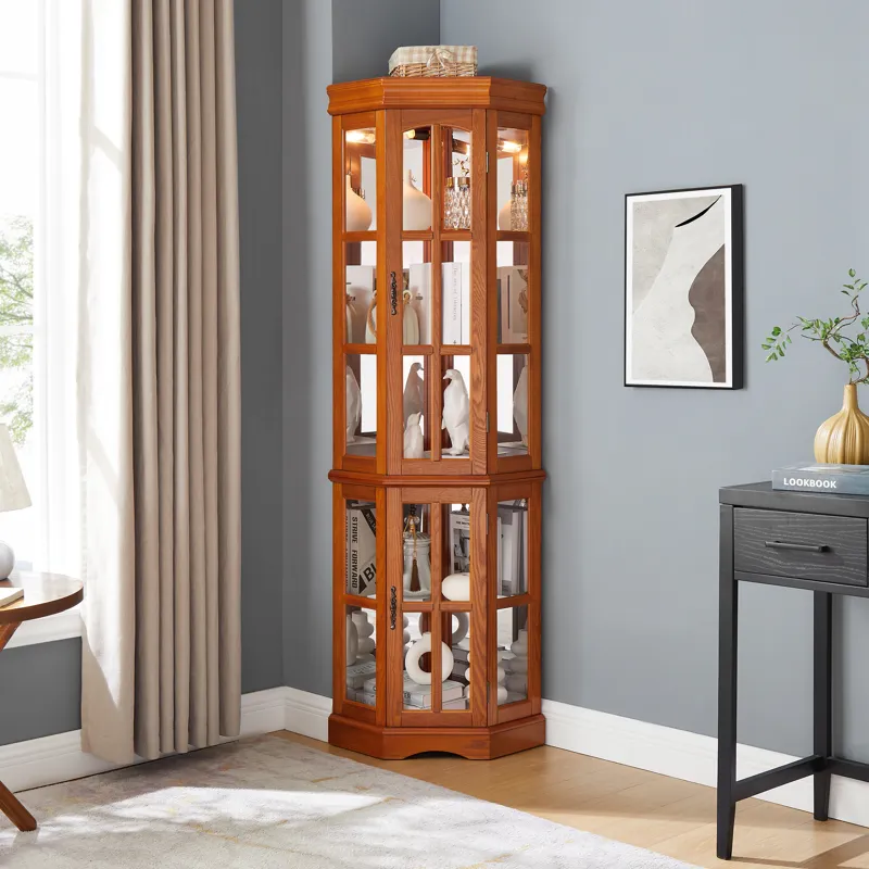 Corner Curio Cabinet With 5 Shelves And Lighting System (E26 Light Bulb Not Included) - Oak