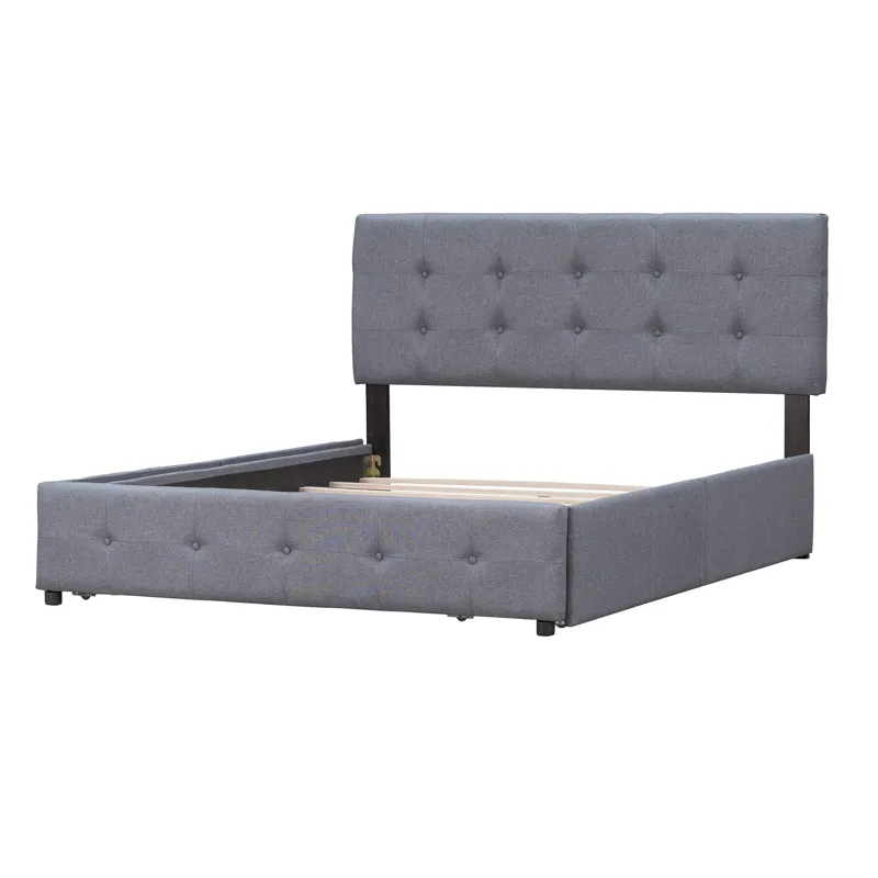 Queen Size Upholstered Platform Bed With Classic Headboard And 4 Drawers, No Box Spring Needed - Dar