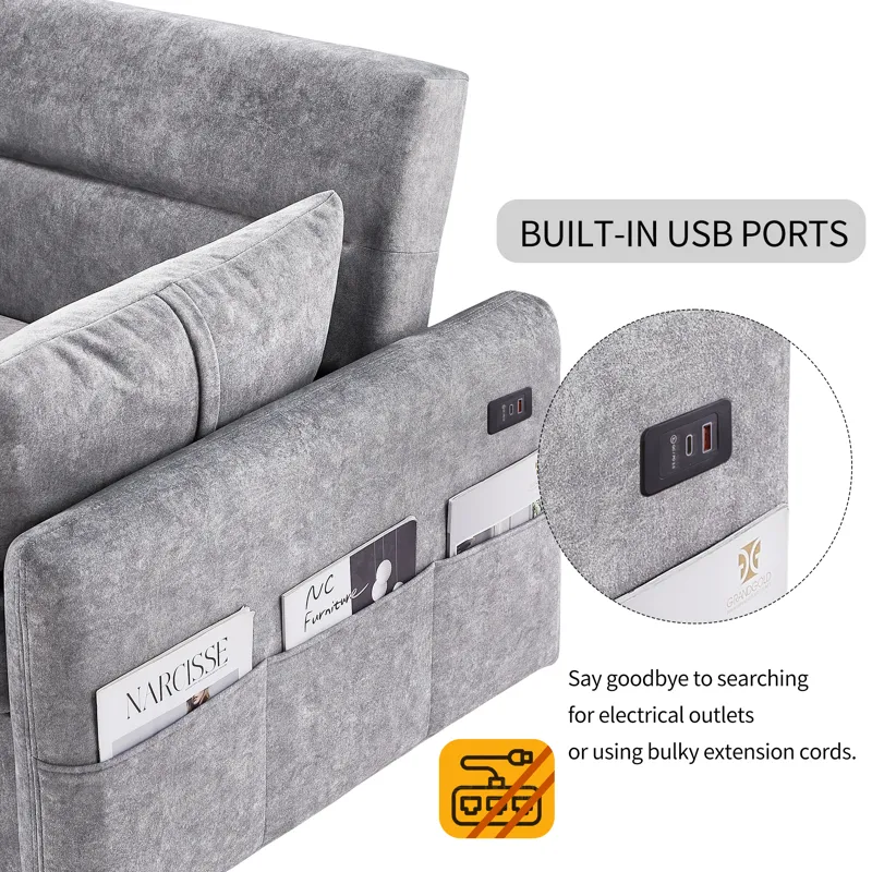 Pull Out Sleep Sofa Bed Loveseats Sofa Couch With Adjsutable Backrest, Storage Pockets, 2 Soft Pillo