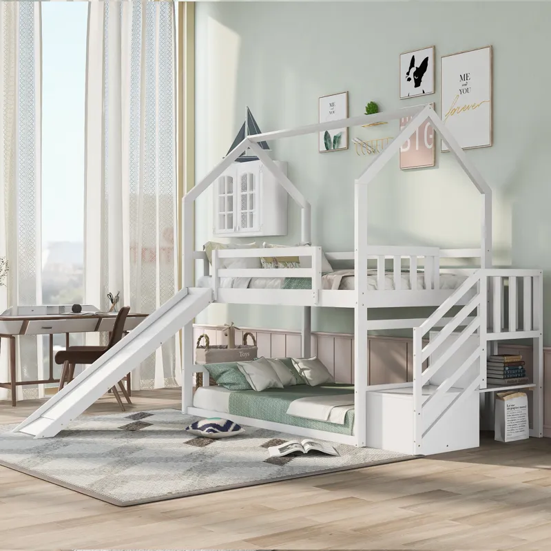 Twin Over Twin House Bunk Bed With Convertible Slide, Storage Staircase - White