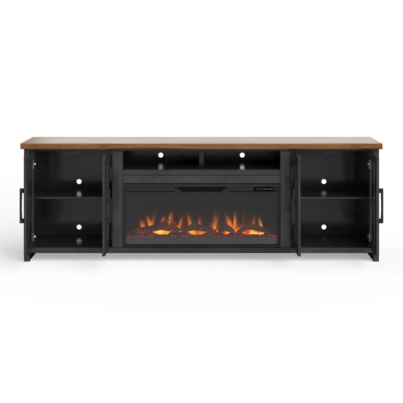Bridgevine Home - Essex 97\" Fireplace TV Stand Console - Black and Whiskey Finish