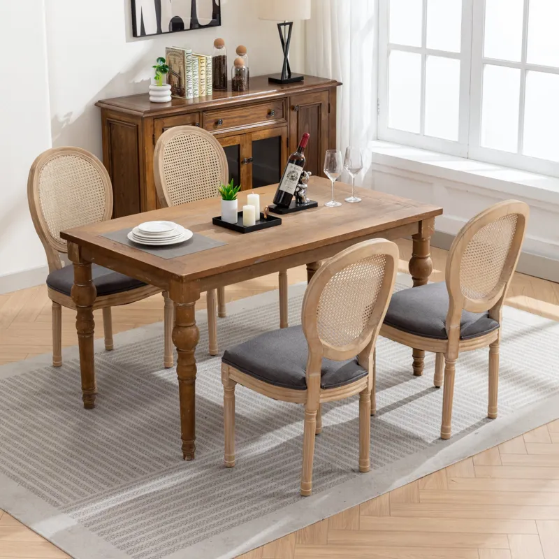 French Style Solid Wood Frame Antique Painting Linen Fabric Rattan Back Dining Chair (Set of 2) - Gr