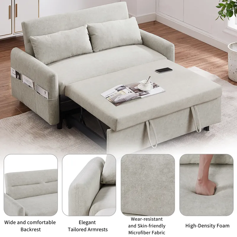 Pull Out Sleep Sofa Bed Loveseats Sofa Couch With Adjsutable Backrest, Storage Pockets, 2 Soft Pillo