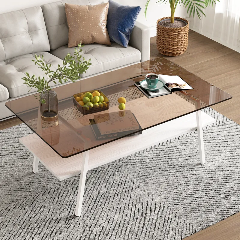 Rectangle Coffee Table, Tempered Glass Tabletop With White Metal Legs, Modern Table For Living Room 