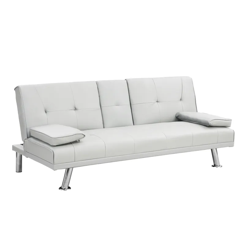 Sofa Bed With Armrest Two Holders Wood Frame, Stainless Leg, Futon - White