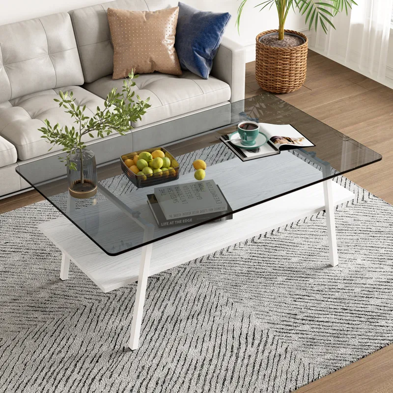 Rectangle Coffee Table, Tempered Glass Tabletop With White Metal Legs, Modern Table For Living Room 