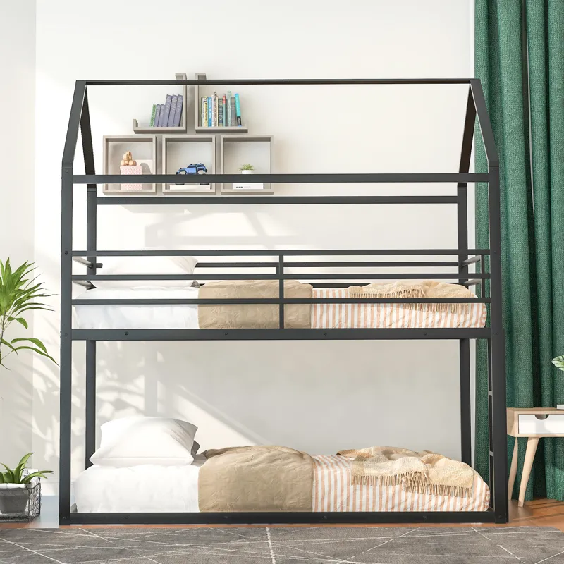 Bunk Beds For Kids Twin Over Twin, House Bunk Bed Metal Bed Frame Built-In Ladder, No Box Spring Nee