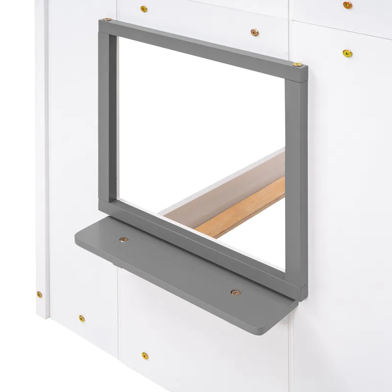 Twin Over Twin Bunk Bed Wood Bed & Roof, Window, Guardrail, Ladder - White