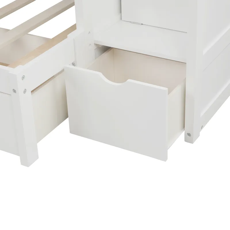 Twin Over Full / Twin Bunk Bed, Convertible Bottom Bed, Storage Shelves And Drawers - White