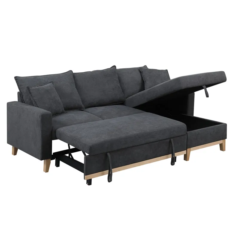 Colton - 84.Woven Reversible Sleeper Sectional Sofa With Storage Chaise - Dark Gray