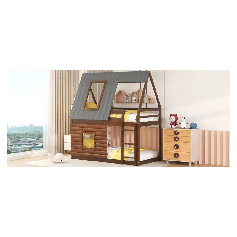 Wood Twin Size House Bunk Bed With Roof, Ladder And 2 Windows - Oak & Smoky Gray