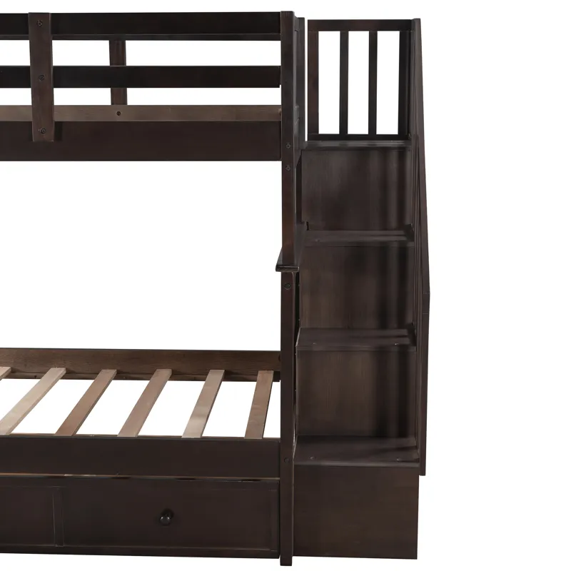 Stairway Twin Over Twin Bunk Bed With Three Drawers For Bedroom, Dorm - Espresso