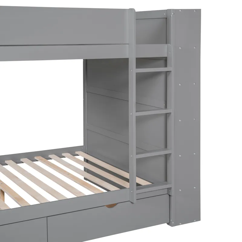 Full Over Full Bunk Bed With 2 Drawers And Multi - Layer Cabinet - Gray