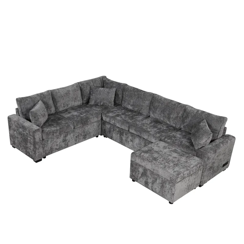 Sectional Sofa Pull-Out Sofa Bed Sleeper With A Storage Ottoman, Three Pillows And Charging Devices 