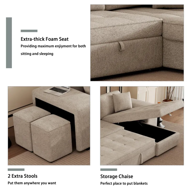 Modern L-Shape 3 Seat Reversible Sectional Couch, Pull Out Sleeper Sofa With Storage Chaise And 2 St
