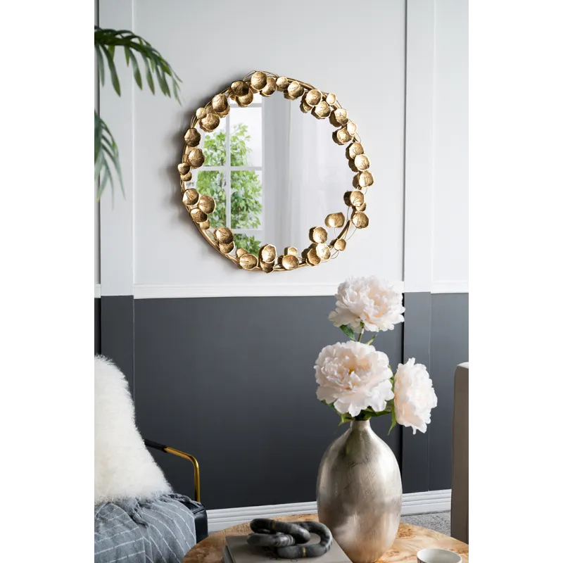 Round Metal Wall Mirror With Leaf Accents, Modern Decor Mirror For Living Room Entryway Hallway - Go
