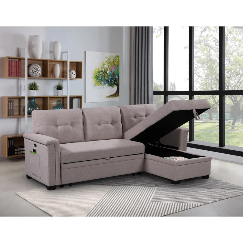 Ashlyn - Reversible Sleeper Sectional Sofa With Storage Chaise, USB Charging Ports And Pocket - Ligh