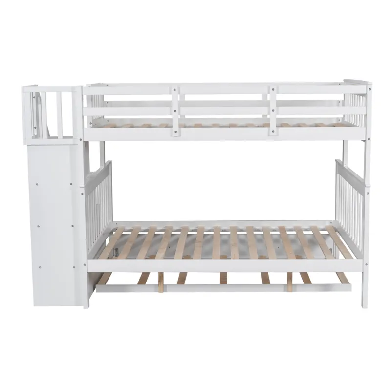 Twin Over Full Bunk Bed With Twin Size Trundle, Storage And Guard Rail For Bedroom, Dorm, For Adults