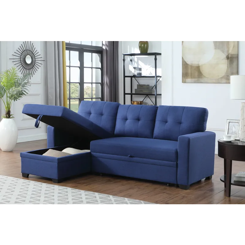 Upholstered Pull Out Sectional Sofa With Chaise - Blue