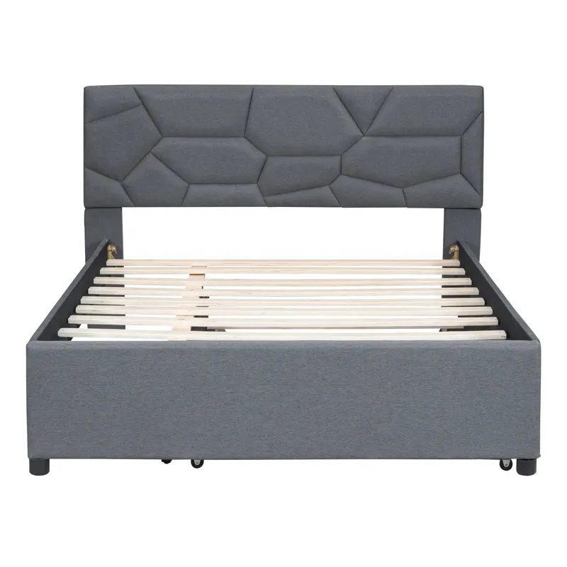 Full Size Upholstered Platform Bed With Brick Pattern Headboard And Twin Size Trundle, Linen - Gray