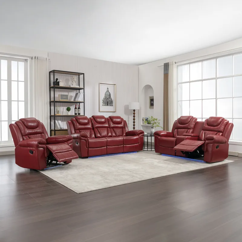 3 Pieces Recliner Sofa Sets Home Theater Seating Manual Recliner Chair With Center Console And Led L