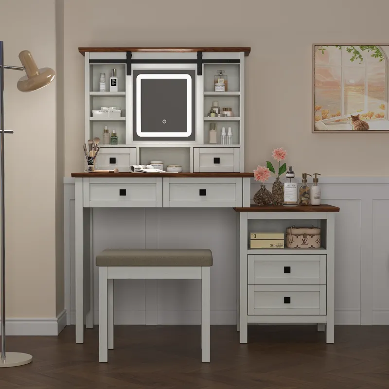 Farmhouse Makeup Vanity Desk With Adjustible LED Lighted Mirror And Charging Station For Bedroom, Dr