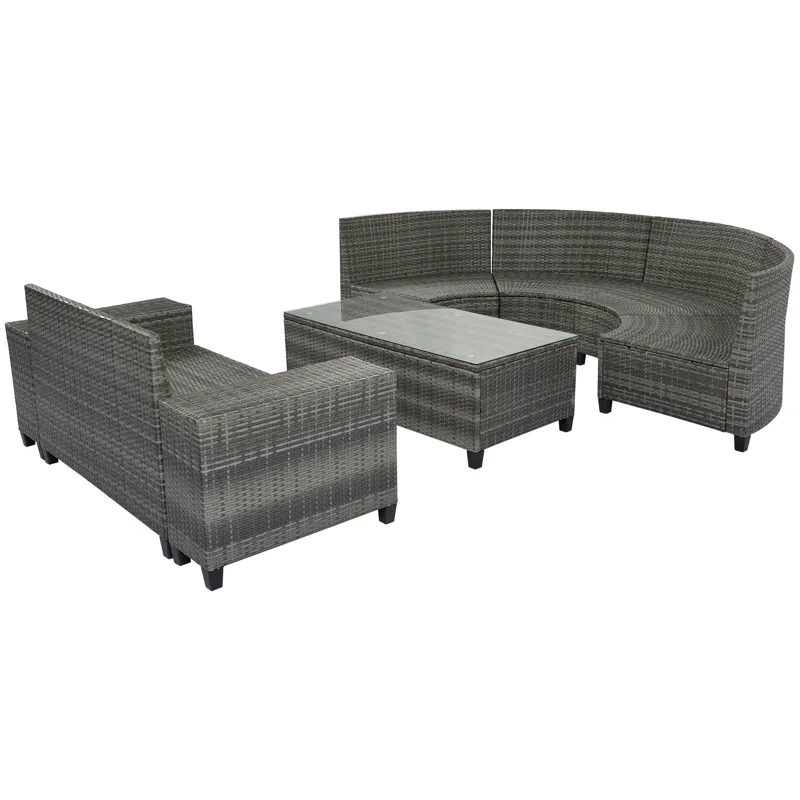 8 Pieces Outdoor Wicker Round Sofa Set, Half-Moon Sectional Sets All Weather, Curved Sofa Set With R
