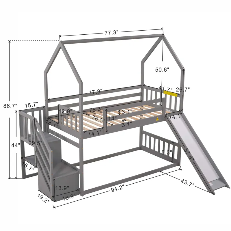 Twin Over Twin House Bunk Bed With Convertible Slide, Storage Staircase Can Be Placed Left Or Right 
