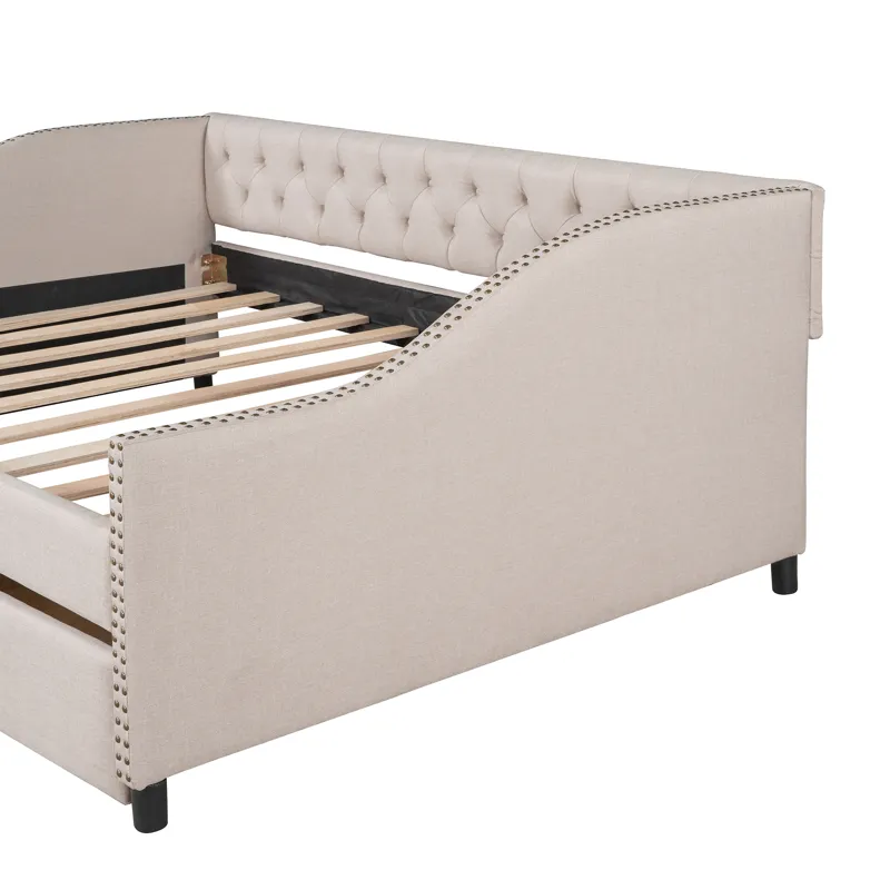 Full Size Upholstered Daybed With Two Drawers, Wood Slat Support - Beige