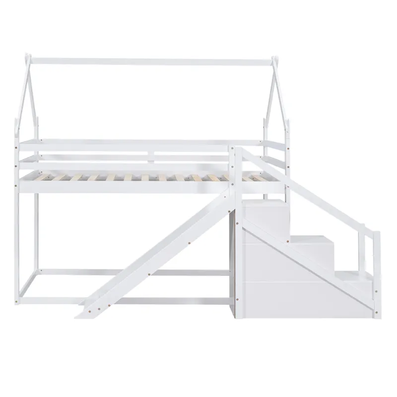 Twin Over Twin House Loft Or Bunk Bed With Slide And Staircase - White