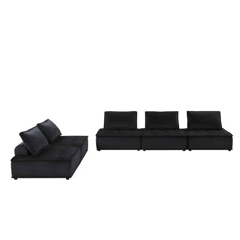 Anna - Velvet 5 Piece Sectional Sofa Ottoman - Midnight