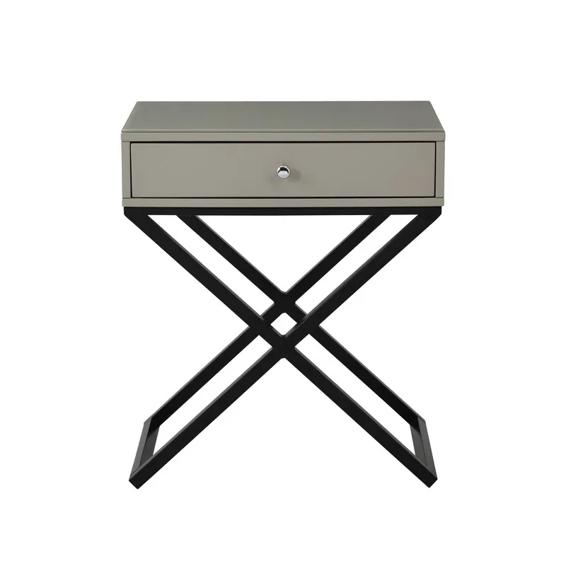 Koda - Wooden End Side Table Nightstand With Glass Top, Drawer And Metal Cross Base - Taupe