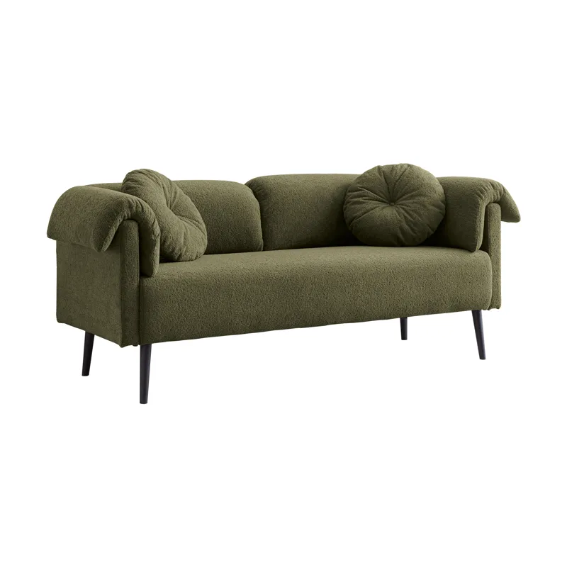 Modern Lamb Wool Sofa With Decorative Throw Pillows For Small Spaces - Emerald
