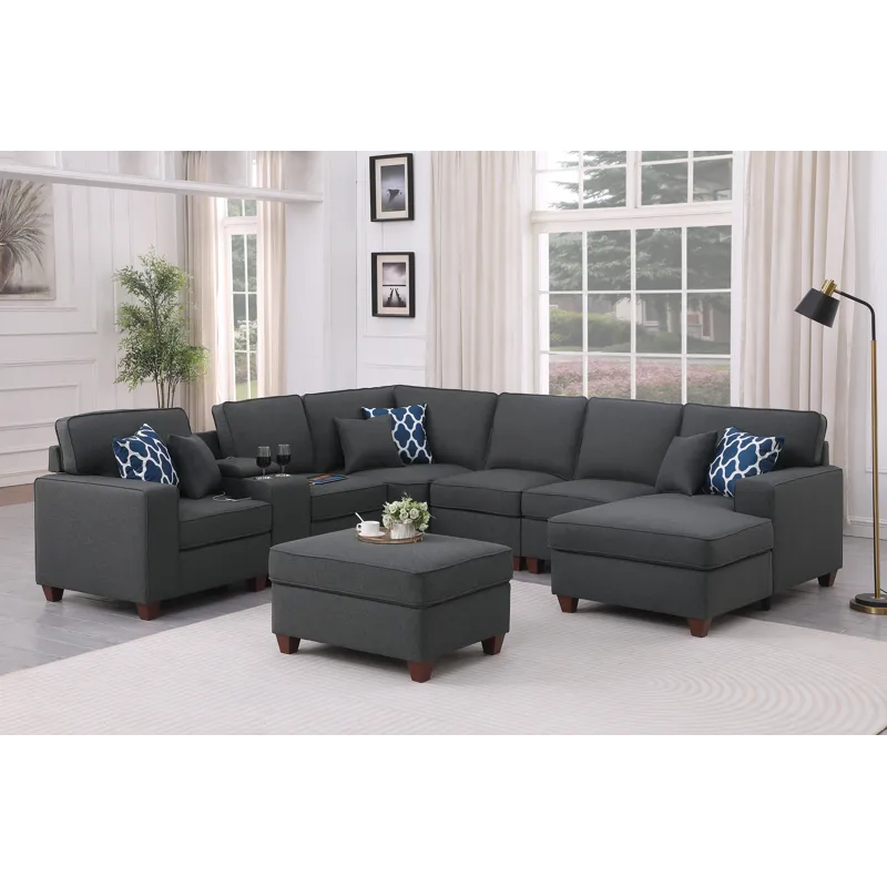 Tina - 8 Piece Upholstered Sectional With Ottoman - Dark Gray
