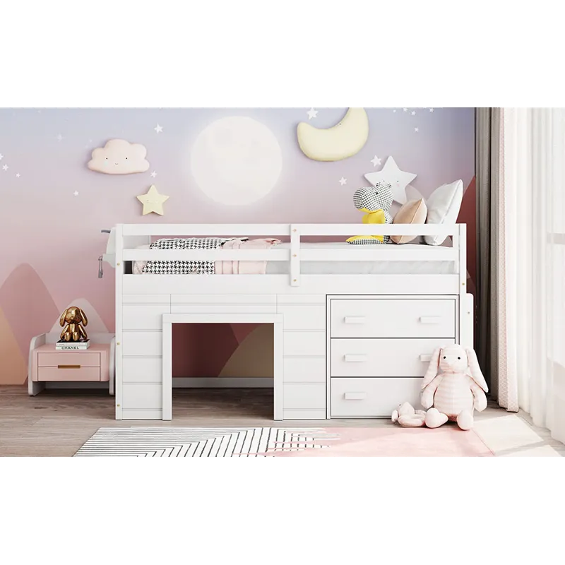Twin Size Loft Bed With Cabinet And Shelf - White