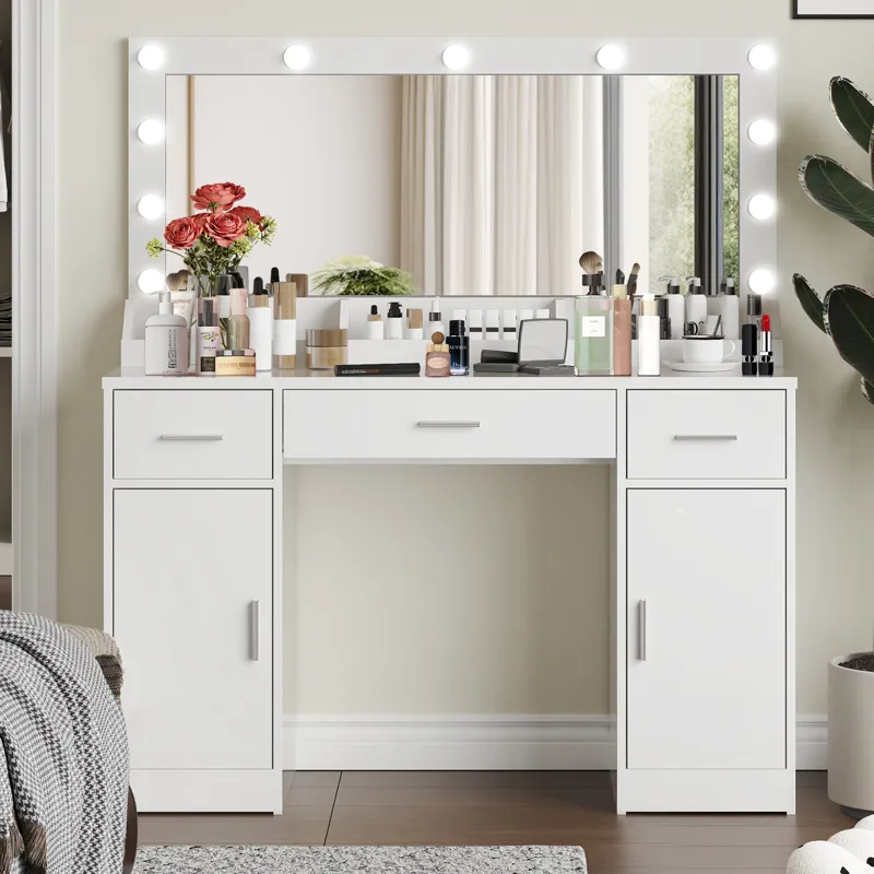47.2" Vanity Desk With Large Mirror, 3 Colour Lighting Modes, Adjustable Brightness, Dresser With 3 Drawers & 2 Vertical Cabinets, Makeup Vanity Table For Women & Girls - White