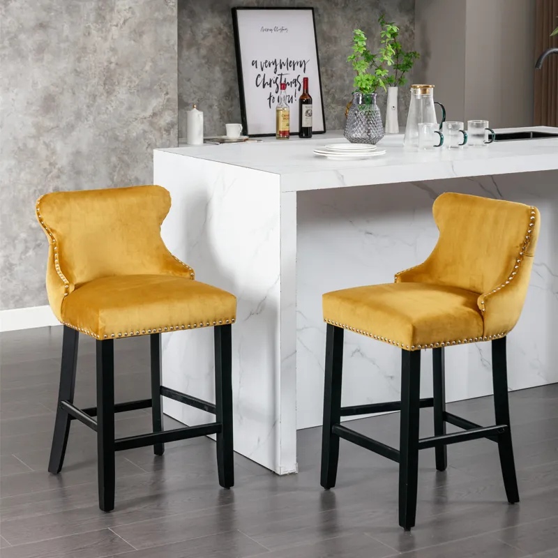 Contemporary Velvet Upholstered Wing-Back Barstools With Button Tufted Decoration And Wooden Legs, A
