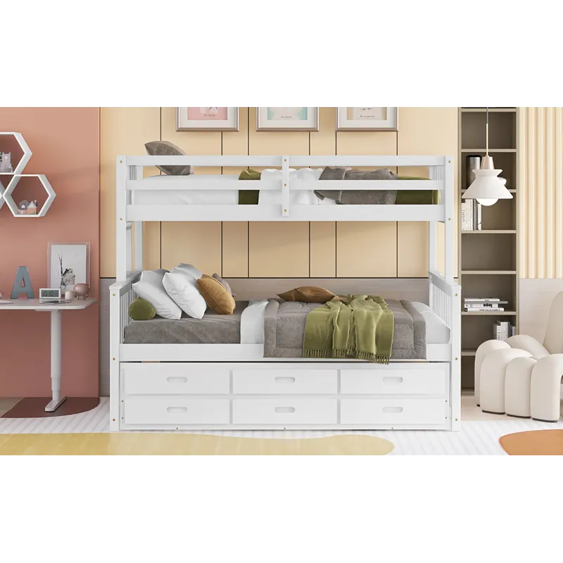 Twin Over Full Bunk Bed With Twin Size Trundle, Separable Bunk Bed With Drawers For Bedroom - White