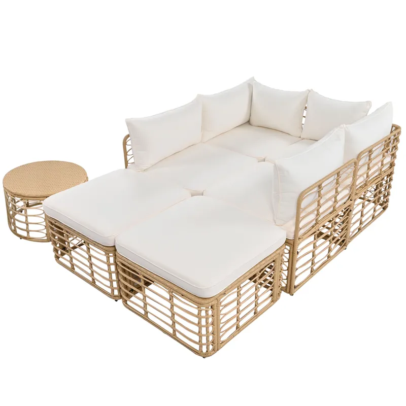7 Pieces Outdoor Patio Furniture, All-Weather Rattan Sectional Sofa Set With Thick Cushions And Pill