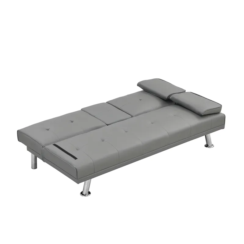 Sofa Bed With Armrest Two Holders Wood Frame, Stainless Leg Futon - Gray