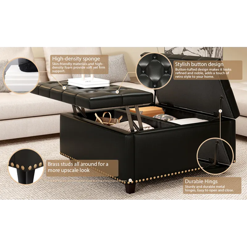 Large Square Storage Stool With Two Storage Doors, Footstool For Living Room Studded Mid-Century Mod