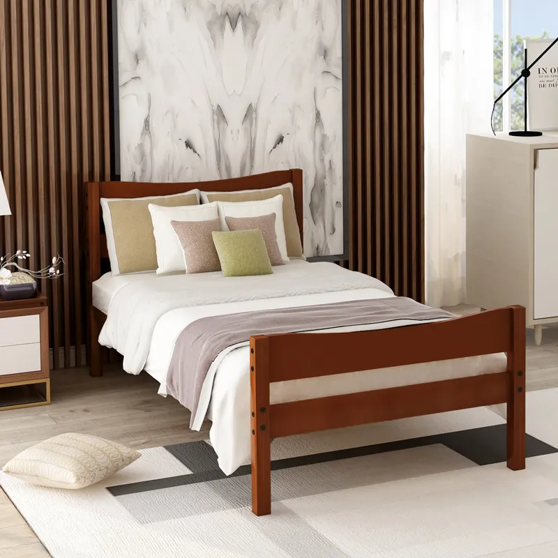 Twin Size Platform Bed With Headboard And Wooden Slat Support Walnut