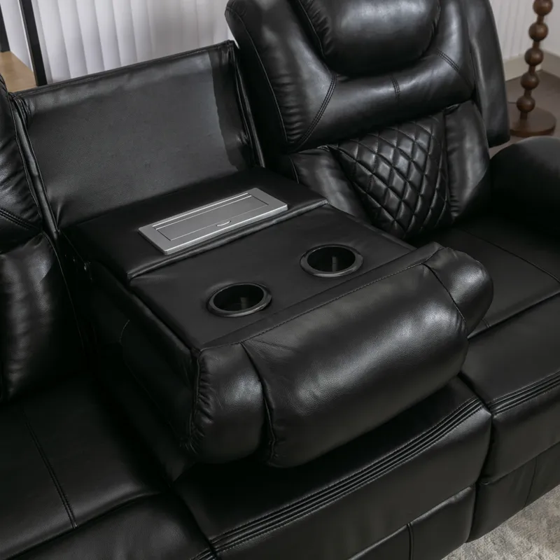 Home Theater Seating Manual Recliner Chair With Center Console And Led Light Strip For Living Room -